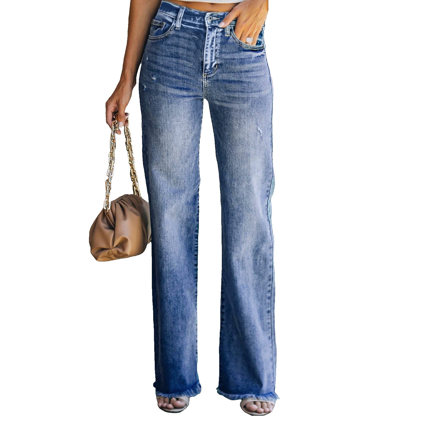 Pantalon droit hipster femme en jean délavé bleu taille mi-haute