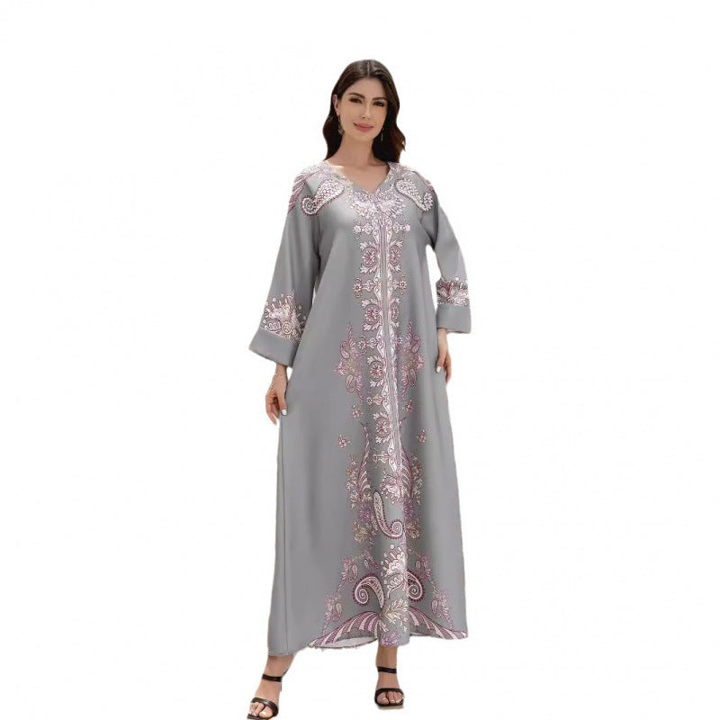 Robe imprimée à col en V et manches longues en polyester argenté pour femmes musulmanes avec perles chaudes