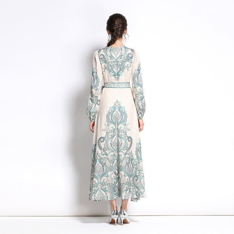 Robe trapèze imprimée à manches longues et col rond pour femme