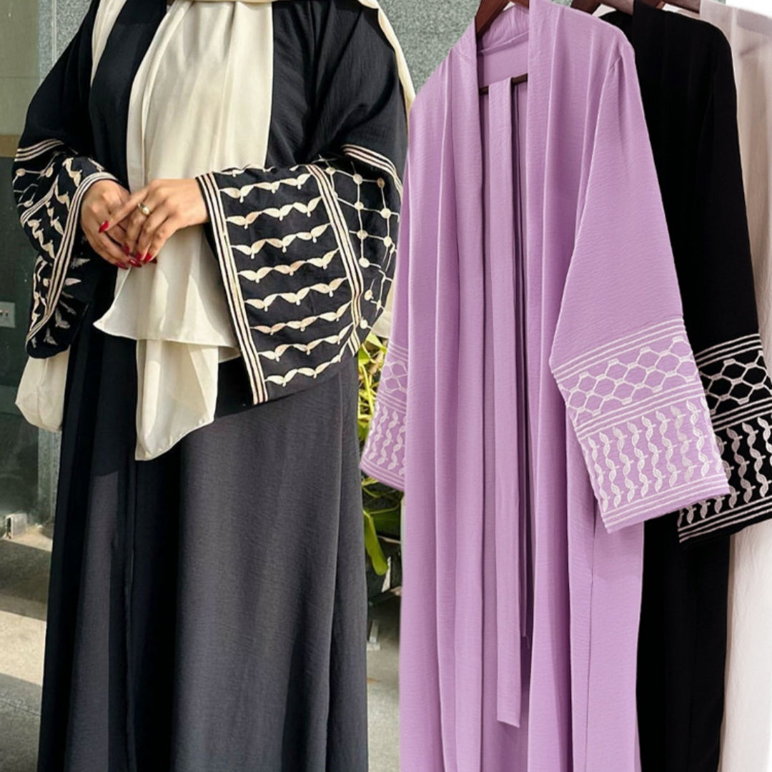Machine Embroidery Lace-Up Pocket Cardigan Robe for Middle Eastern Women