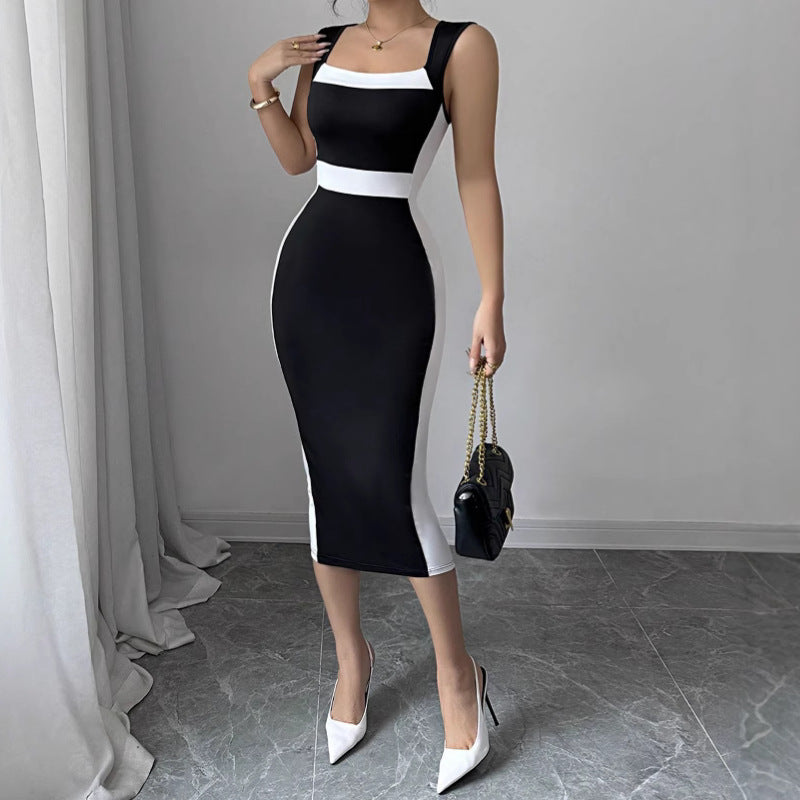 Robe longue color block à col carré et à fines bretelles pour femme