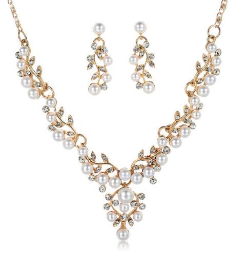Wedding Jewelry Set Simulated Pearl Flower Necklace & Earrings for Party