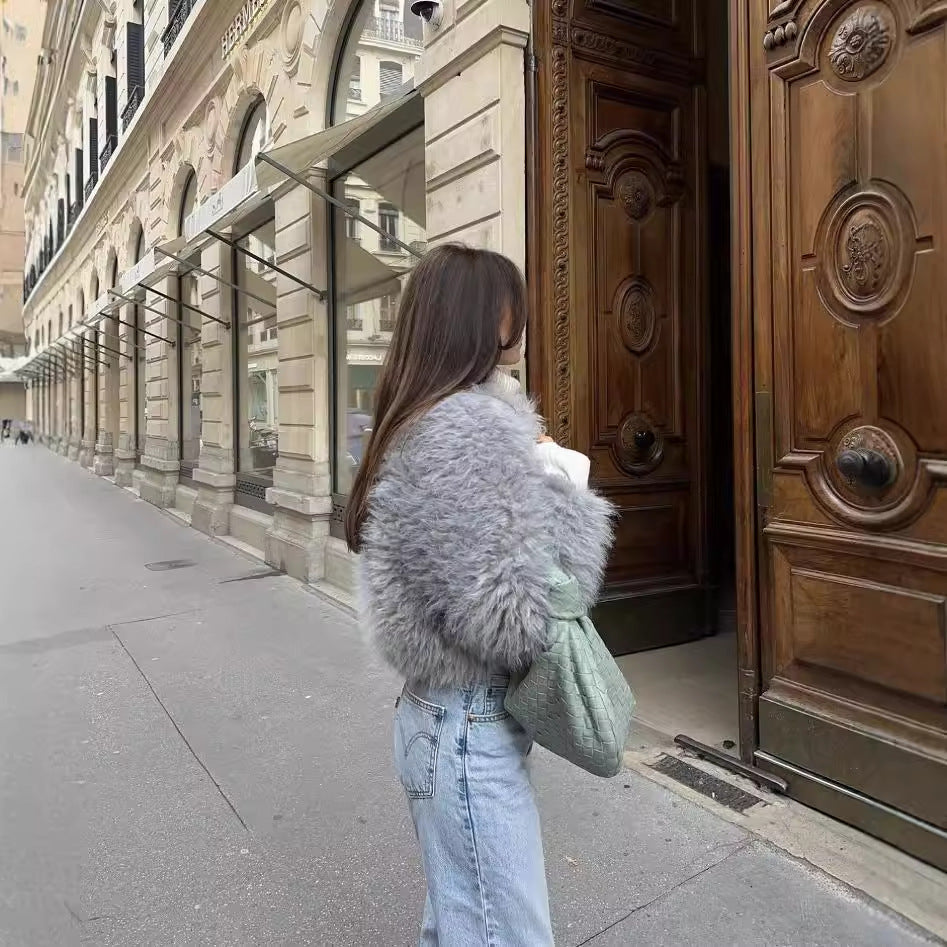 Light Gray Round Neck Artificial Fur Short Coat