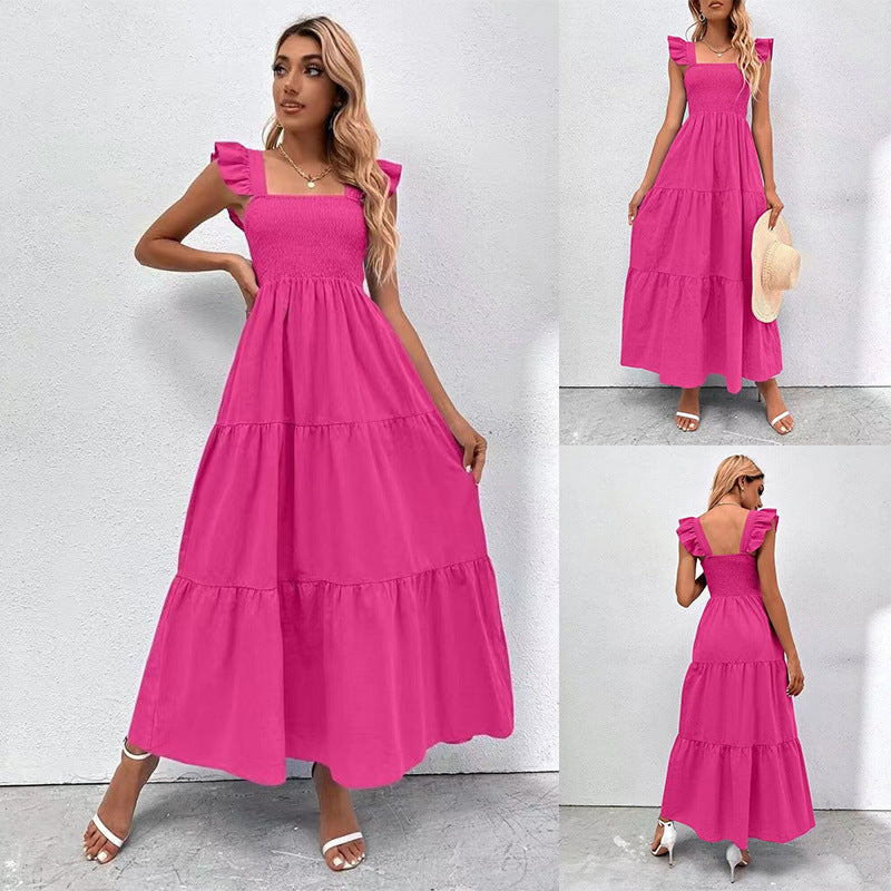 Women's Summer High Waist Backless Long Dress in Rose Red & Light Blue