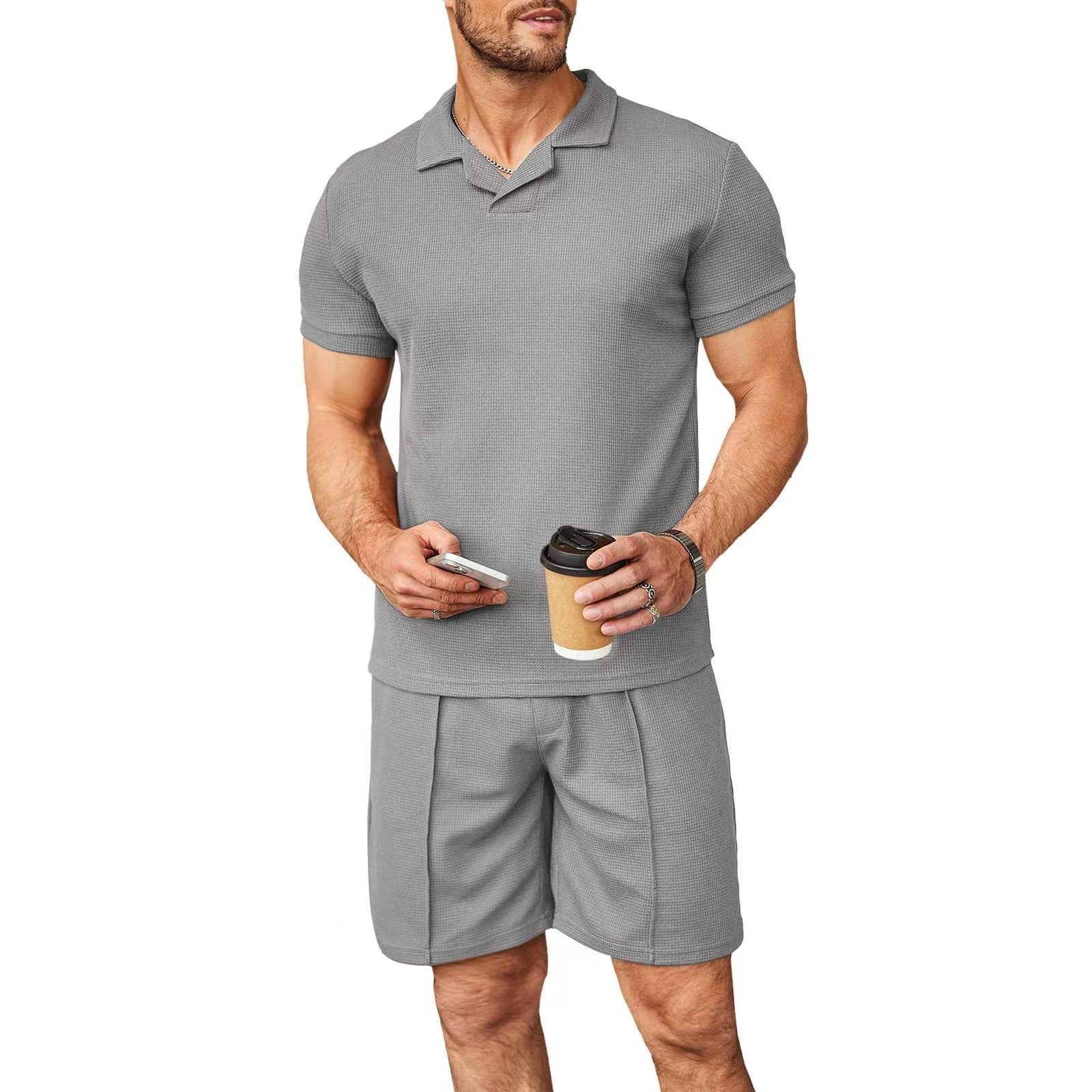 Lot de 2 polos à col en V pour homme, manches courtes, style gaufré, t-shirt décontracté d'été
