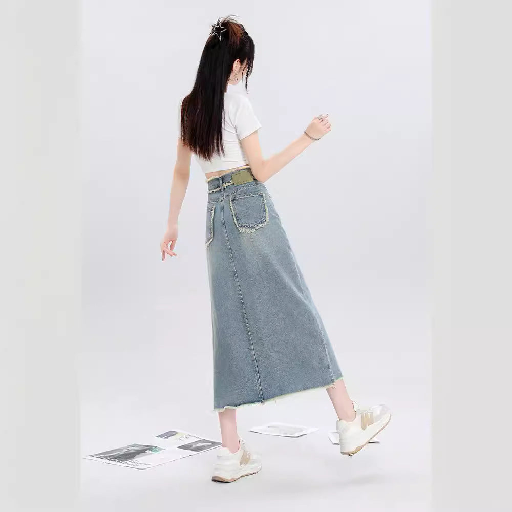 Slit Denim Skirt for Women in Blue & Black