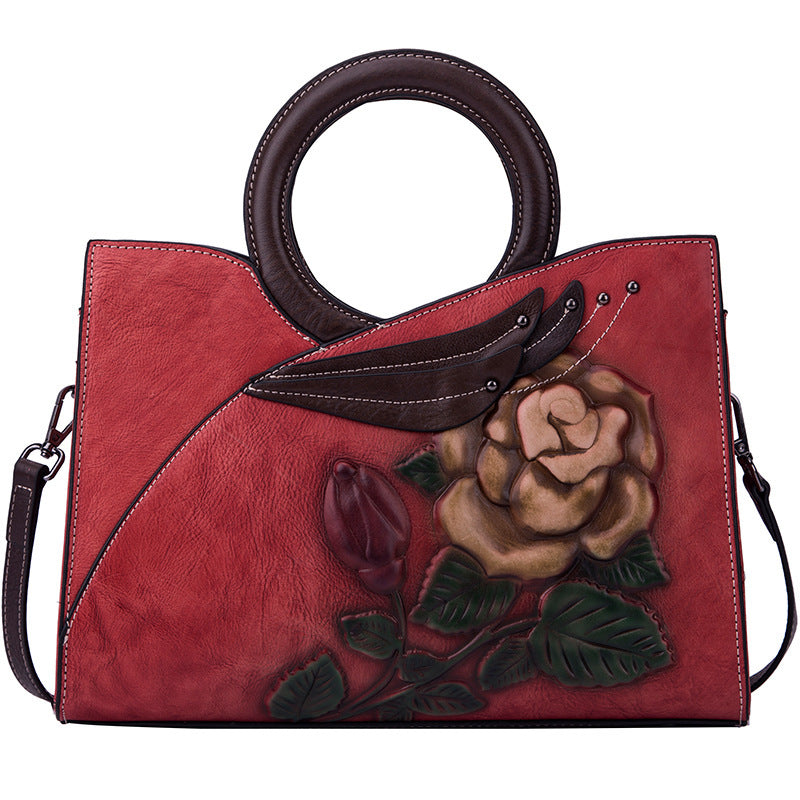 Handmade Women's Leather Handbags with Floral Design and Zipper Closure