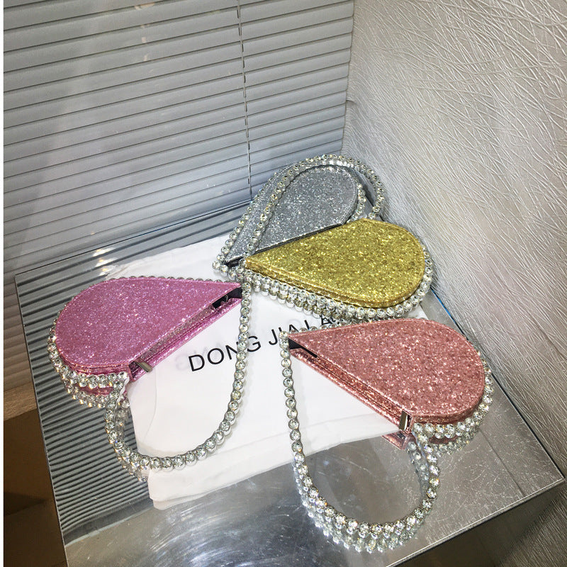 Personalized Diamond-Embedded Heart-Shaped Handbag 26x20cm in Pink, Champagne, Gold & Silver