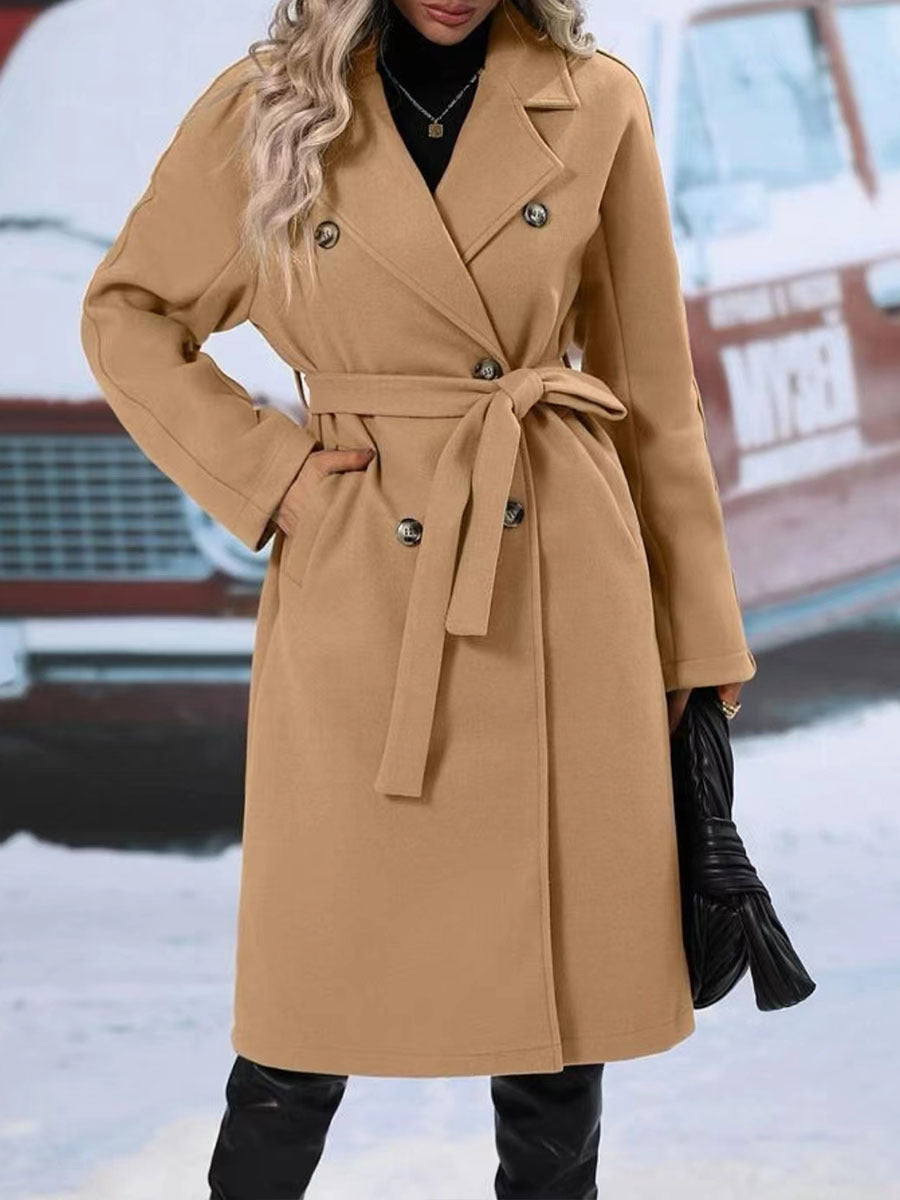 Manteau Trench long femme double boutonnage à revers et ceinture pour l'hiver