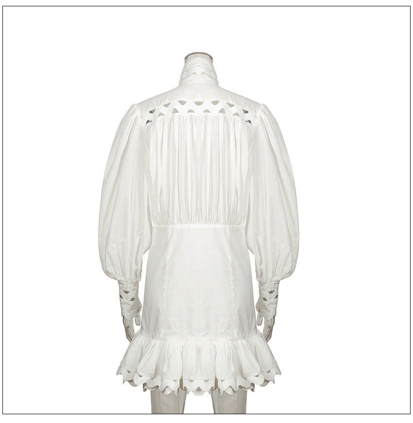 Stand collar cutout ruffled dress