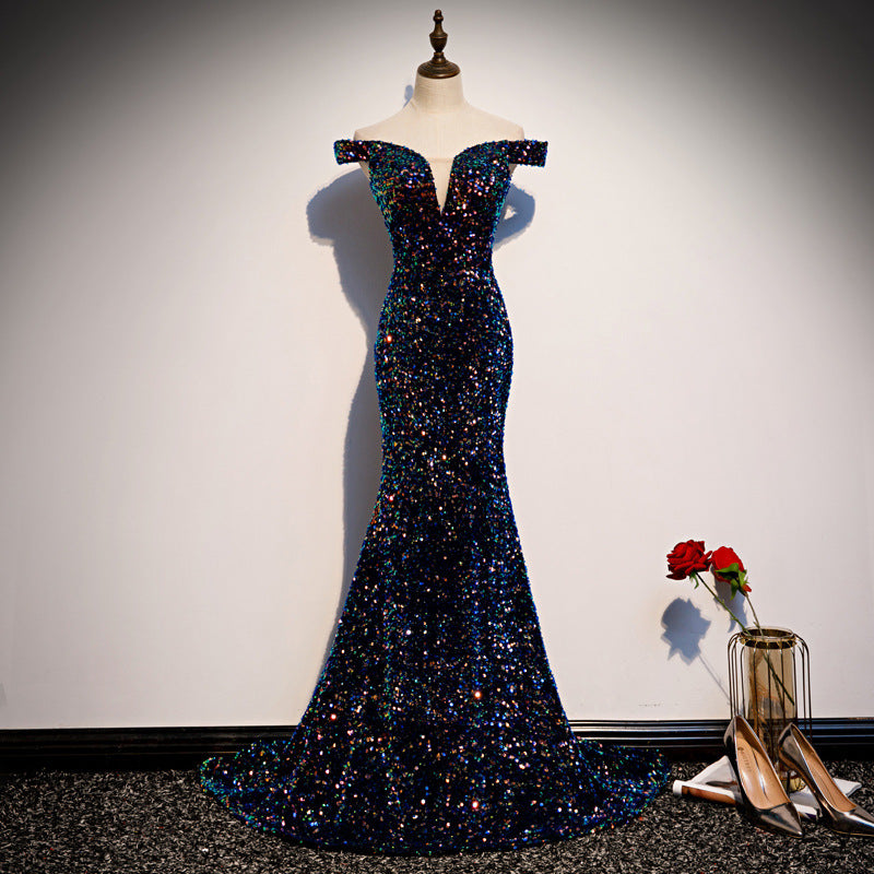 Navy Banquet Long Fishtail Sequined Dress with Trailing Skirt