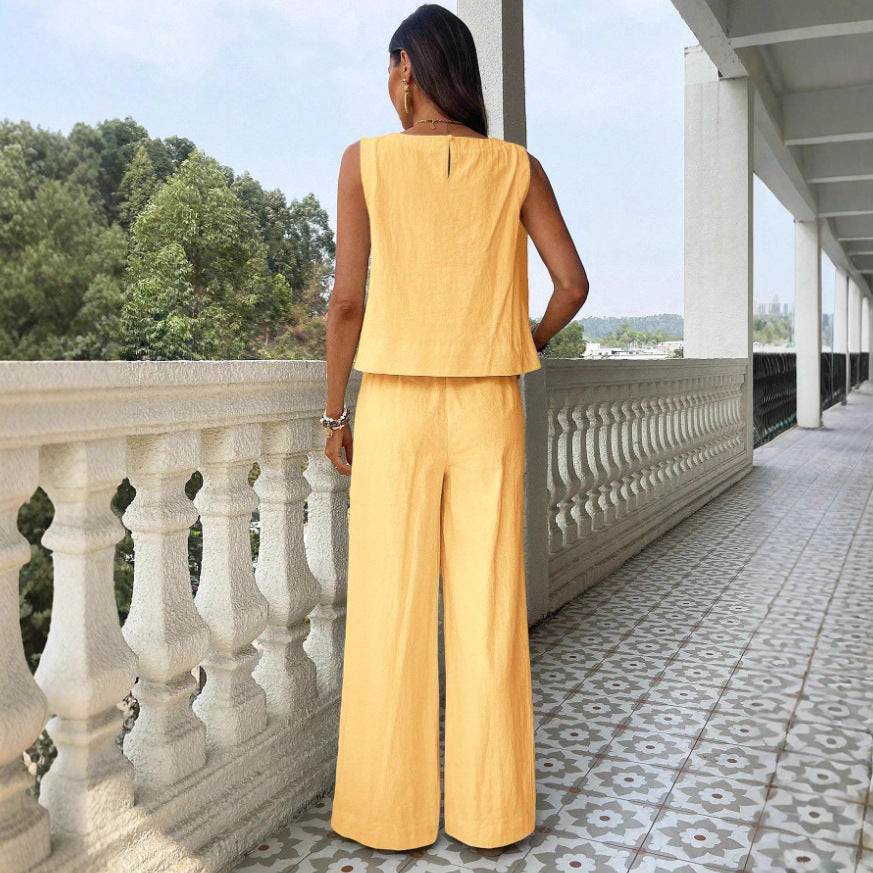 Cotton Linen Sleeveless Tank Top & High-Waisted Loose Straight-Leg Pants Set