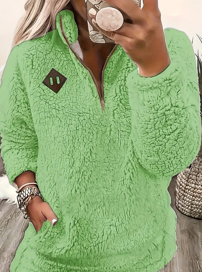 Solid Color Plush Half Zipper Pocket Pullover Sweater Top Women