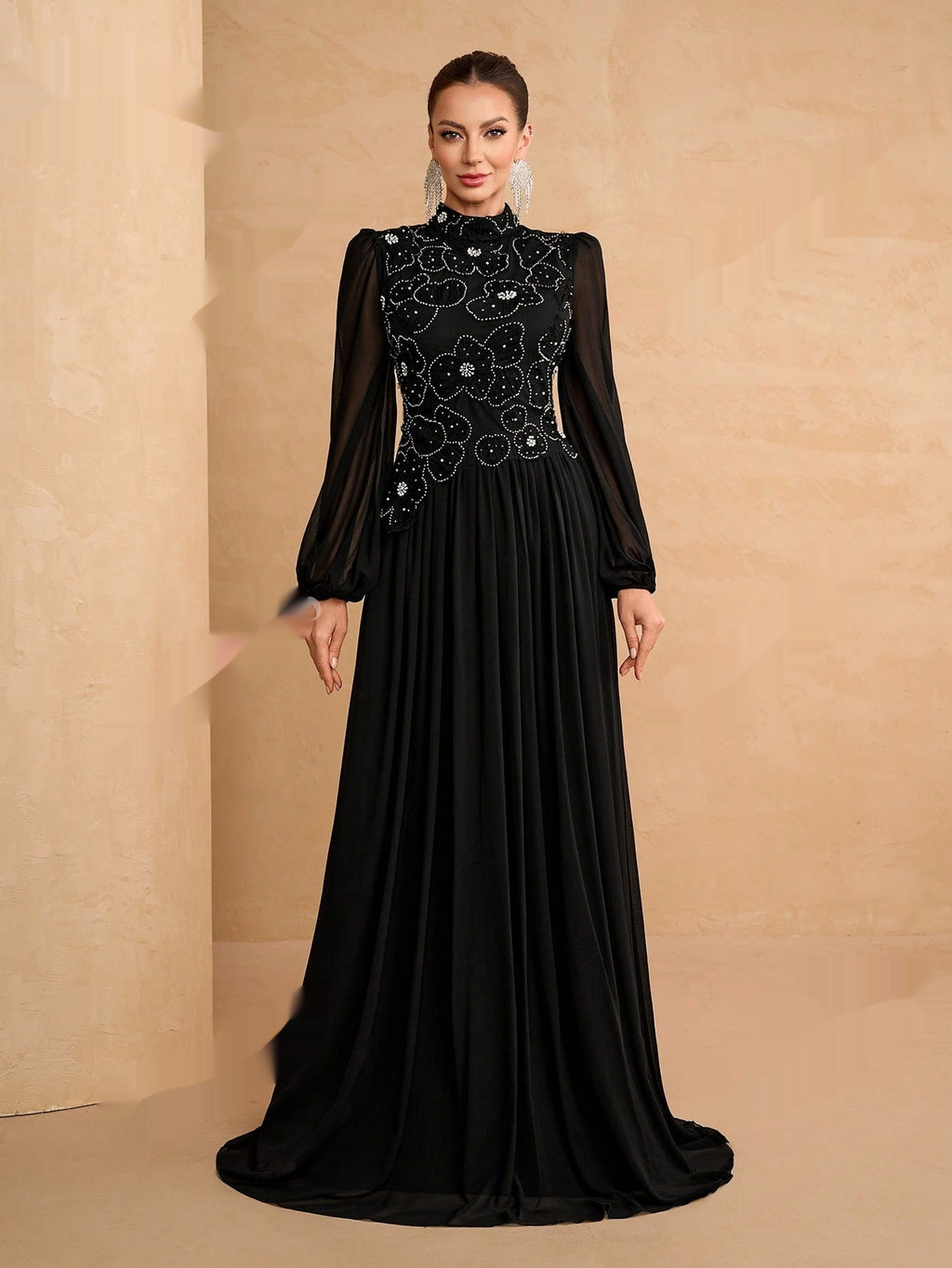 Élégante Robe Musulmane en Chiffon Floral à Manches Longues Bouffantes