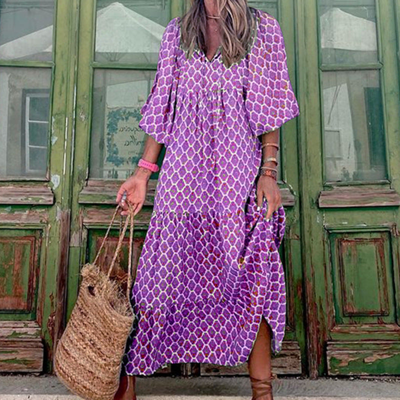 Summer Women's Vintage Bohemian Printed V-Neck Loose Long Dress Polyester
