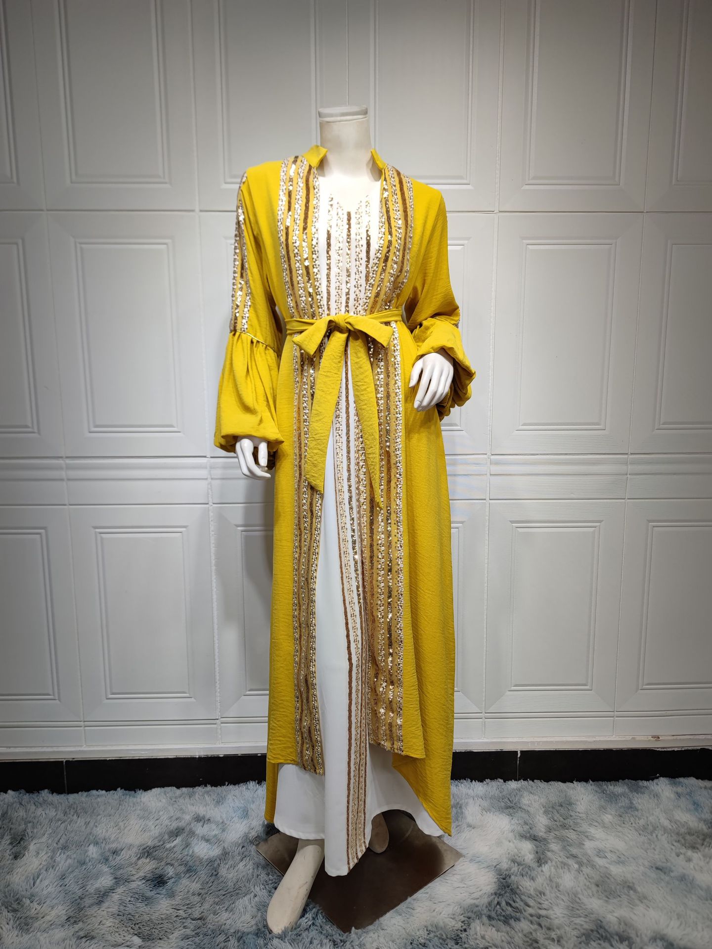 Sequin Embroidered Two-Piece Puff Sleeve Arabian Gulf Dress in Ice Silk