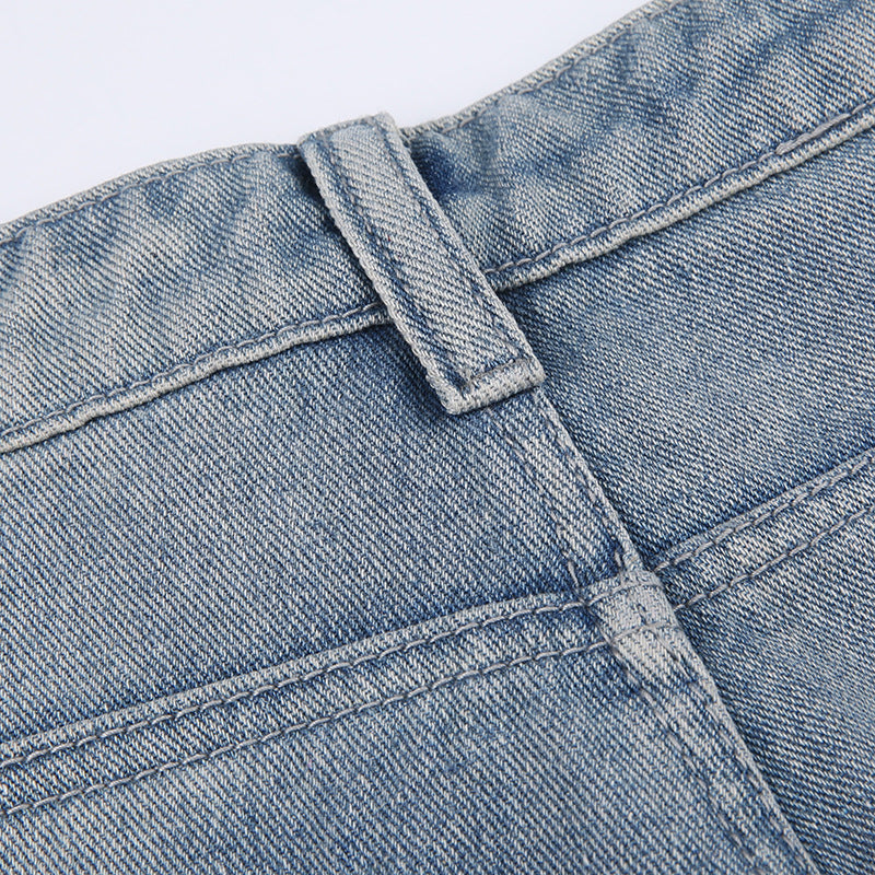 Embroidery Stitching High Waist Straight Pants Jeans