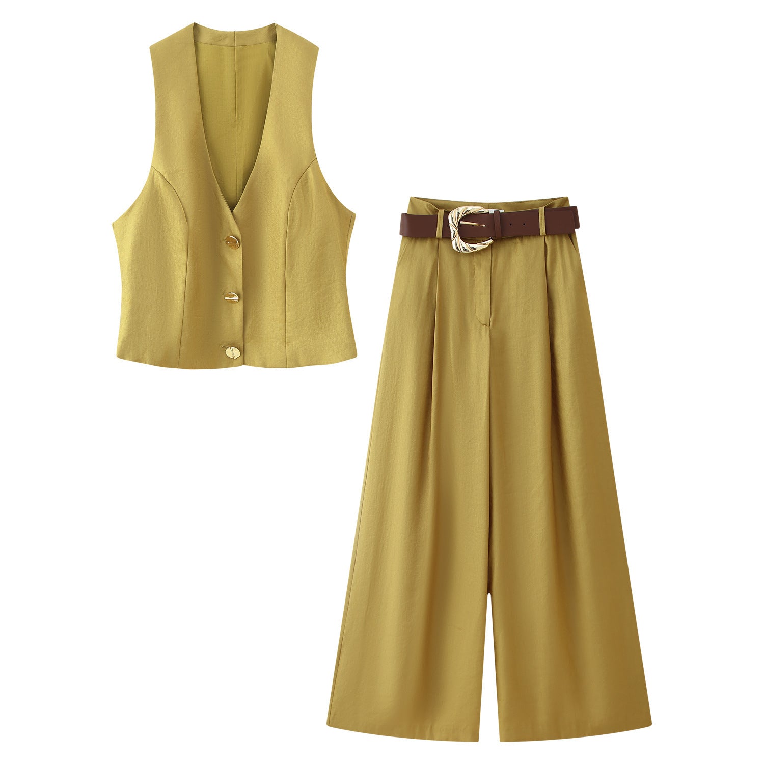 Ensemble gilet en satin de soie à boutons dorés avec ceinture et pantalon large