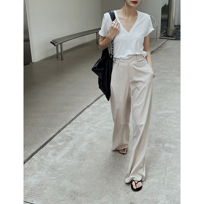 Pantalon tailleur femme ample à taille irrégulière printemps - Abricot et Bleu Brume