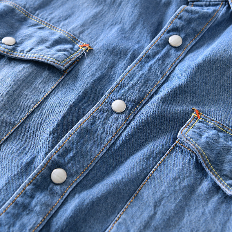 Men's Long-Sleeve Denim Shirt in Light Blue & Blue Cotton