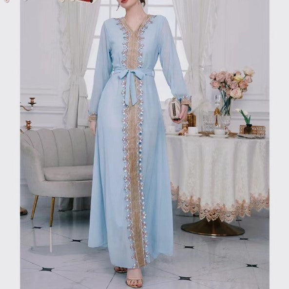 Solid Color Lace Patchwork Receive Waist Chiffon Blue Dress For Women