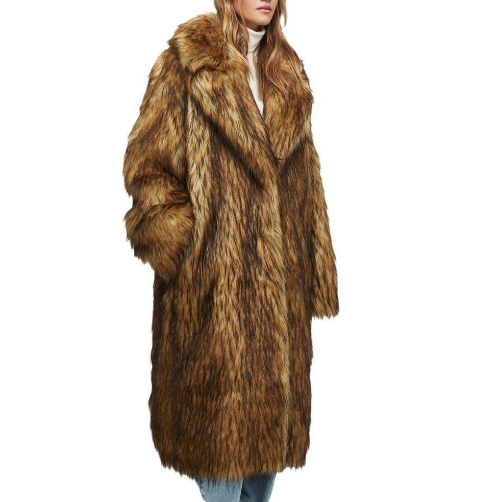 Women’s Autumn Winter Faux Fur Long Warm Wool Coat Brown Chenille