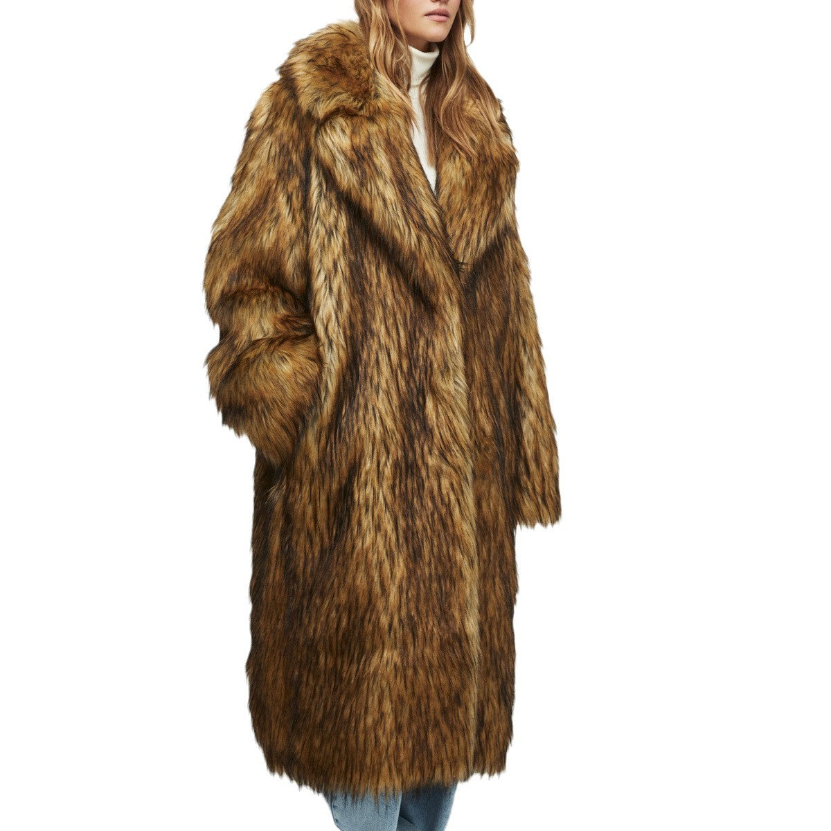 Women’s Autumn Winter Faux Fur Long Warm Wool Coat Brown Chenille