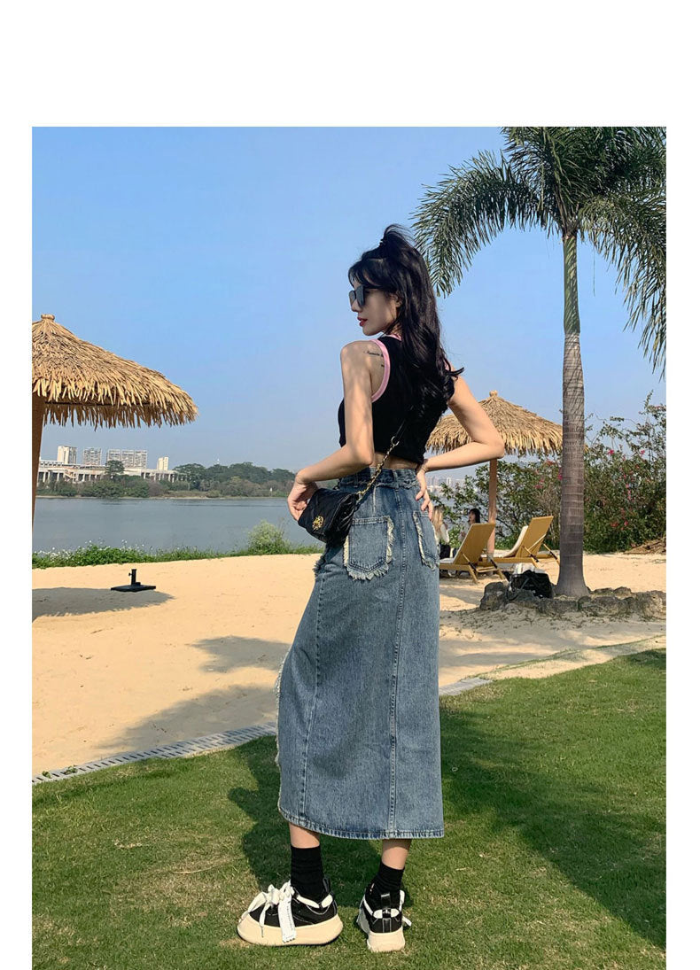 Irregular Slit Denim Skirt Ins Style Hot Design