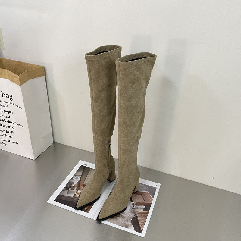 Chunky High Heel Over-the-Knee Suede Stretch Boots with Zipper