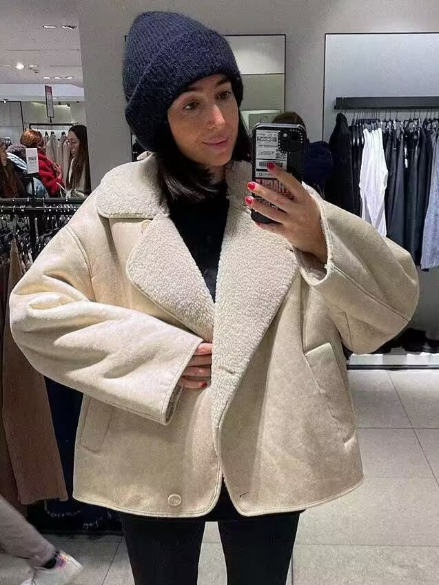 Milky White Polo Collar Suede Fleece-Lined Warm Coat for Women