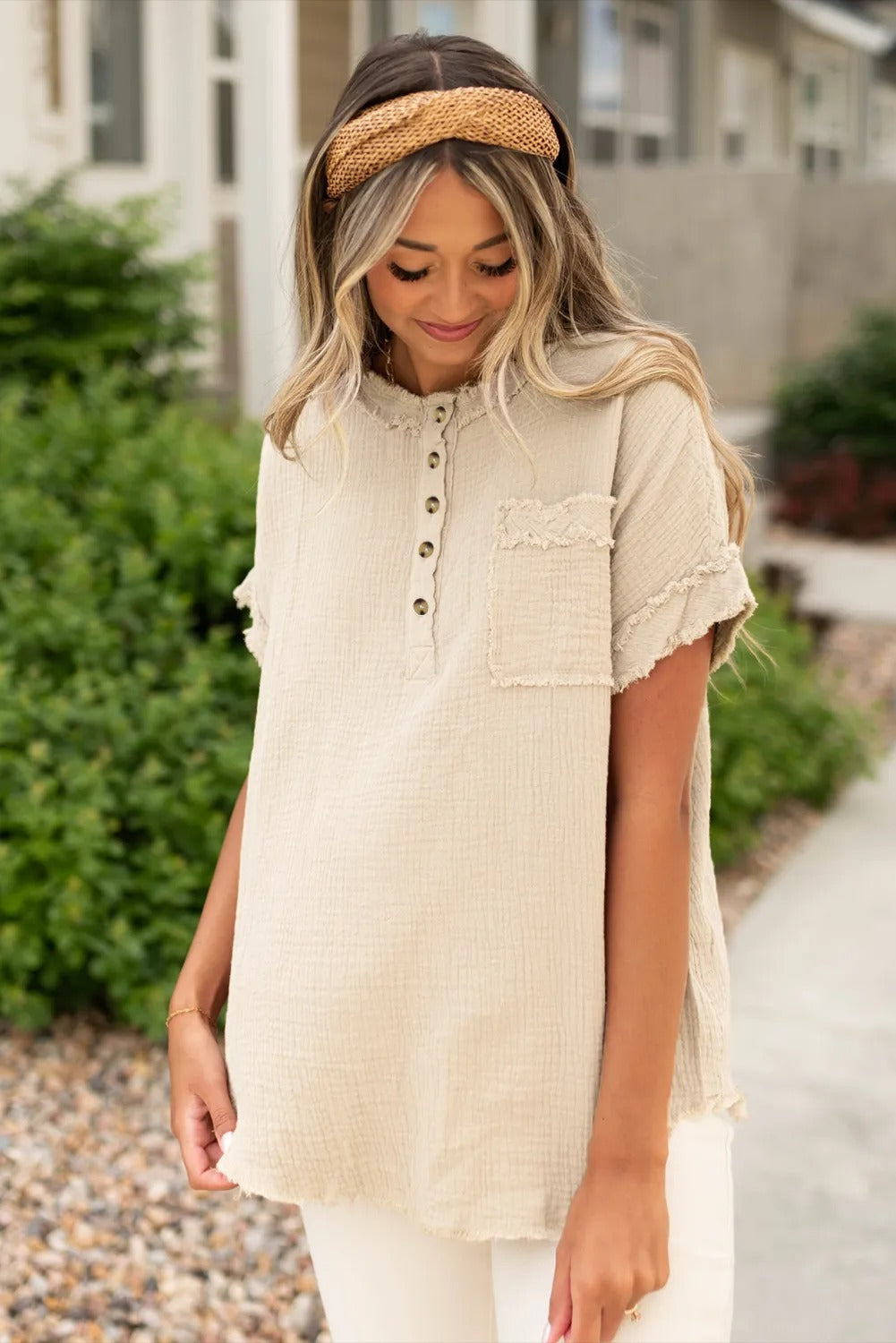 Parchment Crinkle Textured Half Button Short Sleeve Top with Frayed Trim