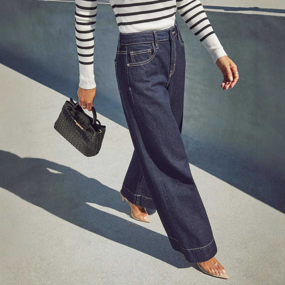 High Waist Dark Blue Wide Leg Jeans for Women