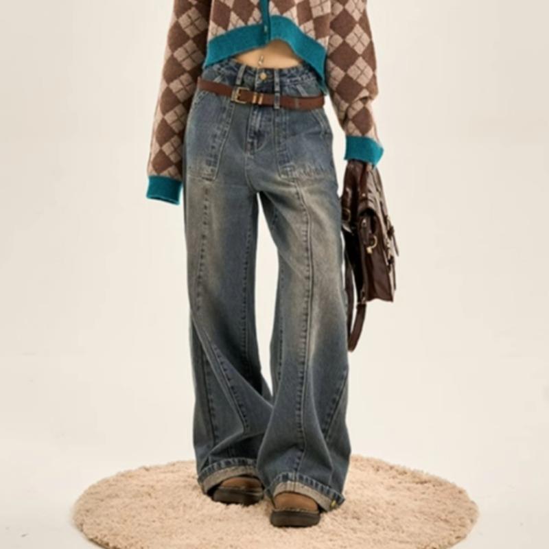 بنطلون جينز نسائي فضفاض واسع الساق بتصميم مستقيم، متدرج الألوان، بتصميم كلاسيكي.