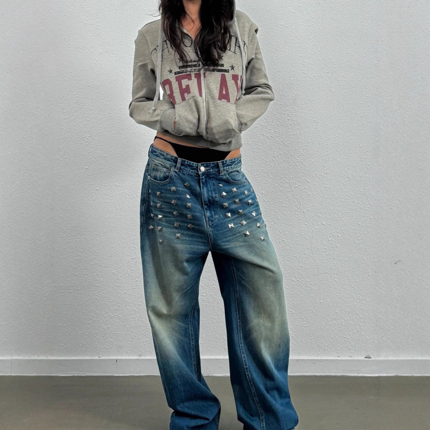 Women's Gothic Street Style Mid Waist Blue Loose Jeans