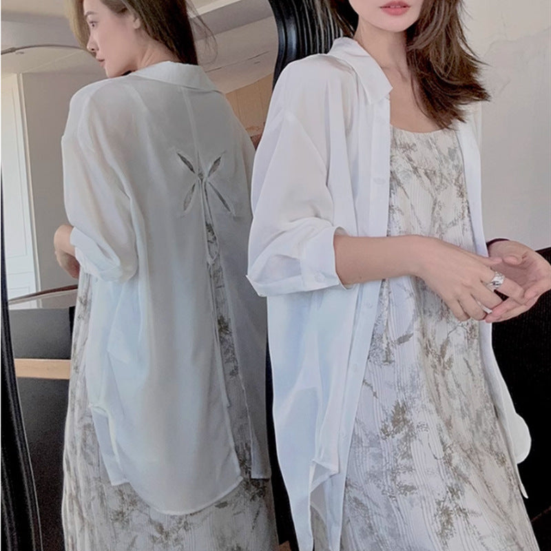 French Romantic White Lace-Up Openwork Blouse for Women
