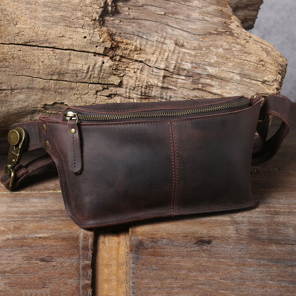 Men's Large-Capacity Dark Brown Cowhide Leather Retro Chest Bag Crossbody