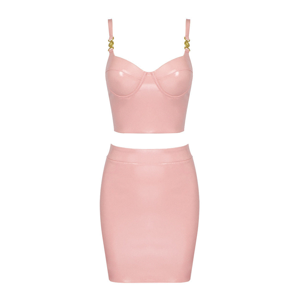 Women's Pink PU Leather Suspender Skirt Two-Piece Set with Shiny Metal Buckle