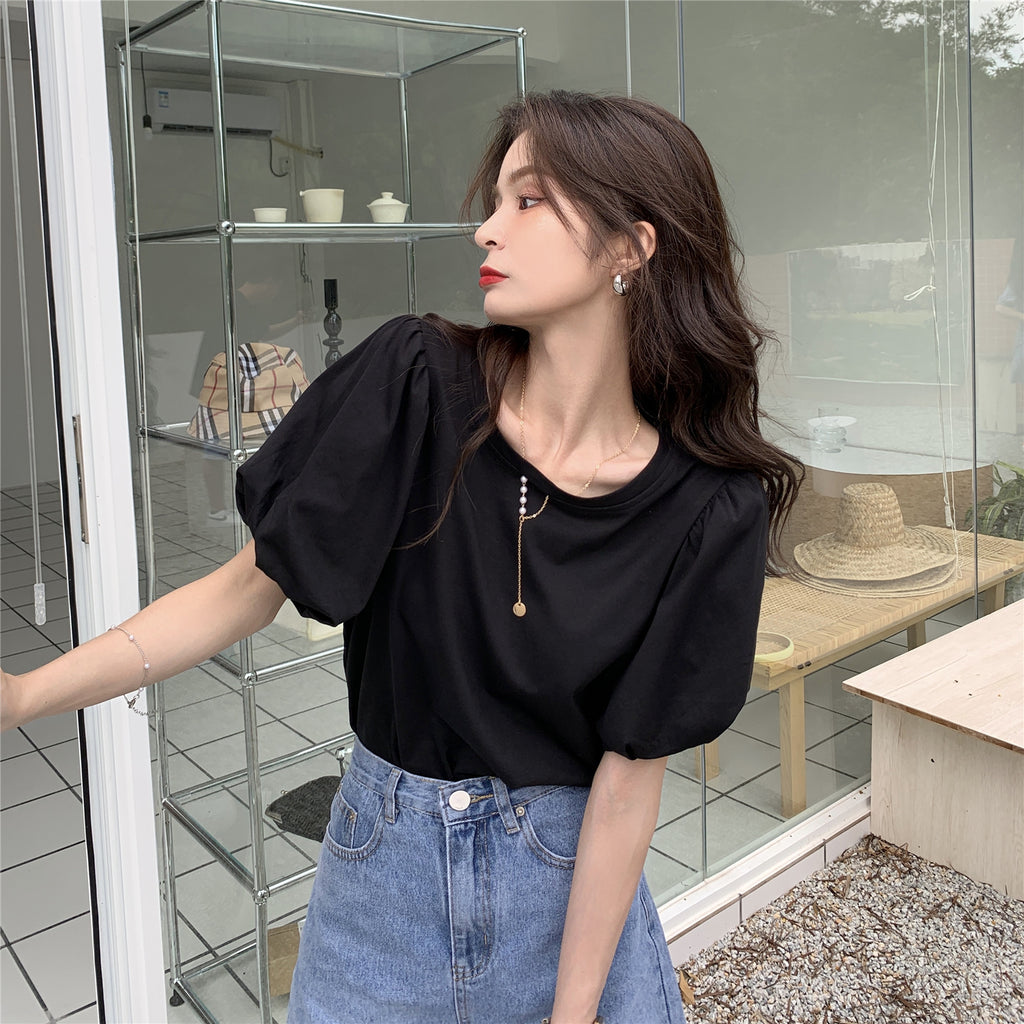 T-shirt blanc à manches courtes et manches bouffantes, haut chic d'été, taille unique pour femme