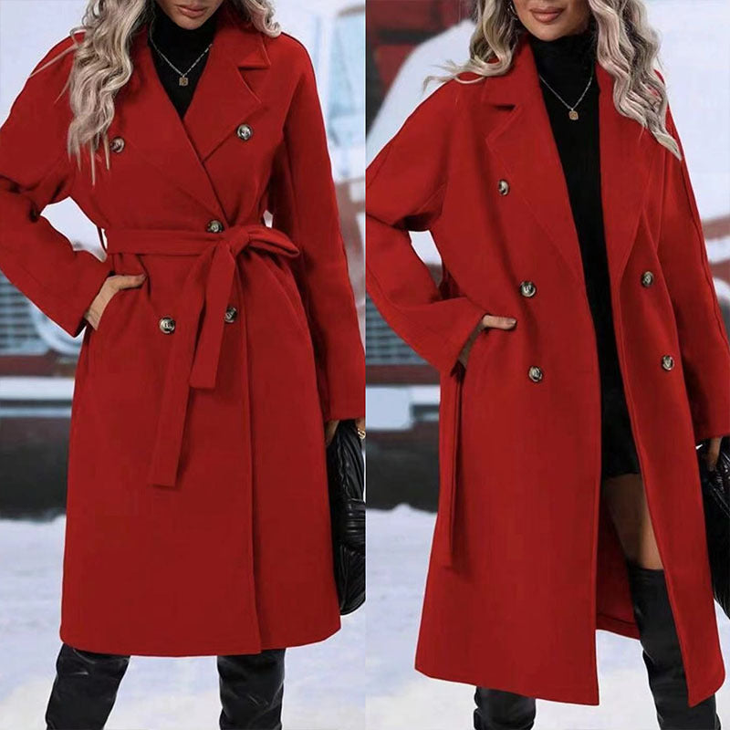 Manteau Trench long femme double boutonnage à revers et ceinture pour l'hiver