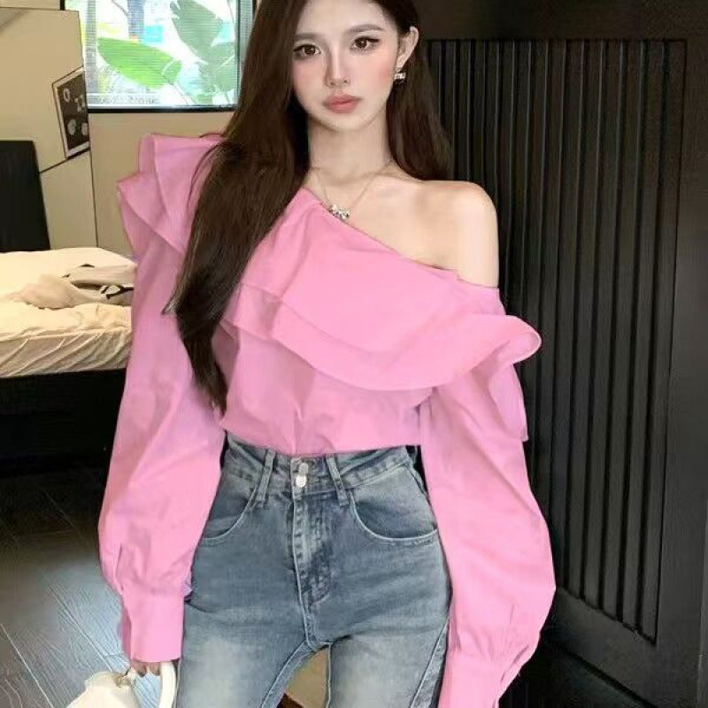 Women's Elegant Ruffled Off-Shoulder Long Sleeve Shirt