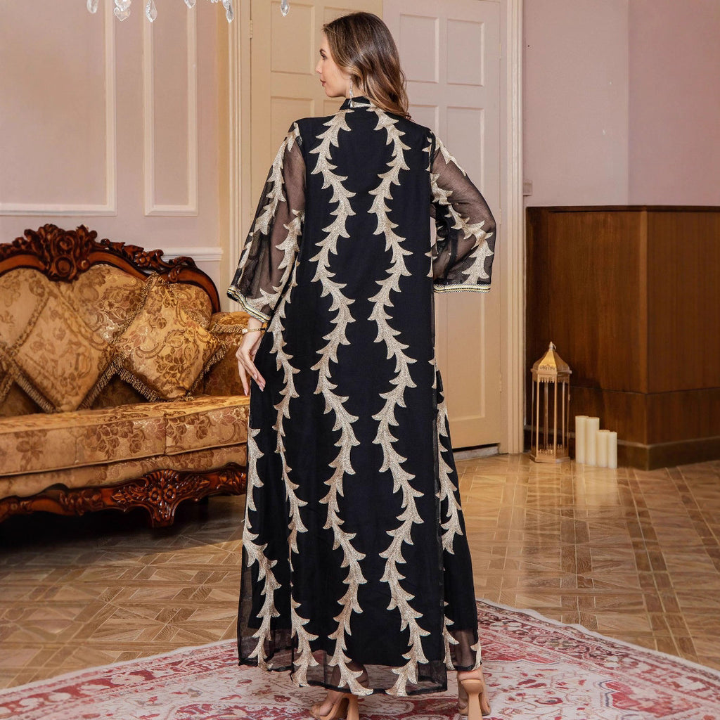 Robe longue brodée en maille résistante à manches longues pour femme