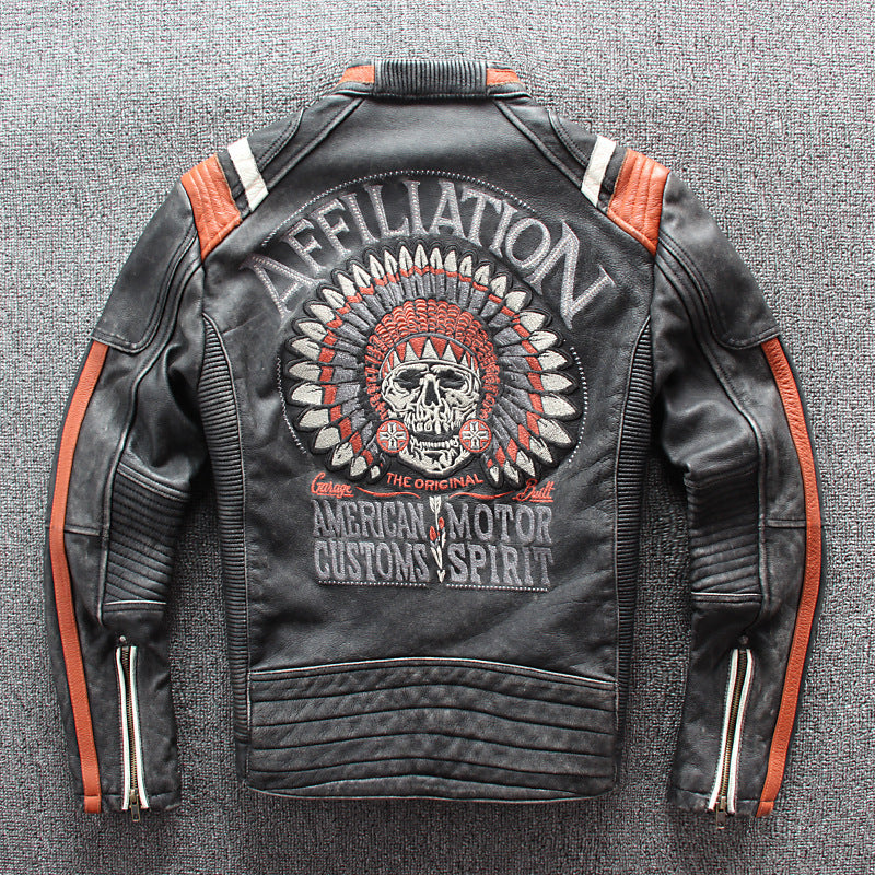 Men's Gray Cow Leather Motorcycle Jacket with Standing Collar