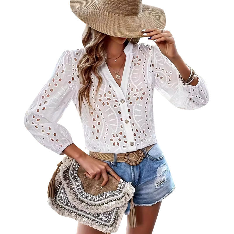 Women's White Button-Front Long Sleeve Top Polyester S-XXL Loose Fit Hollow Detail
