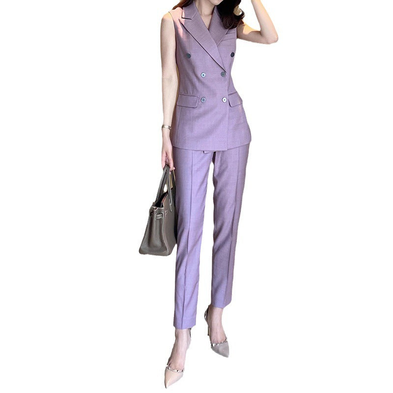 Women's Slim Fit Cropped Pants Suit in Taro Purple Polyester
