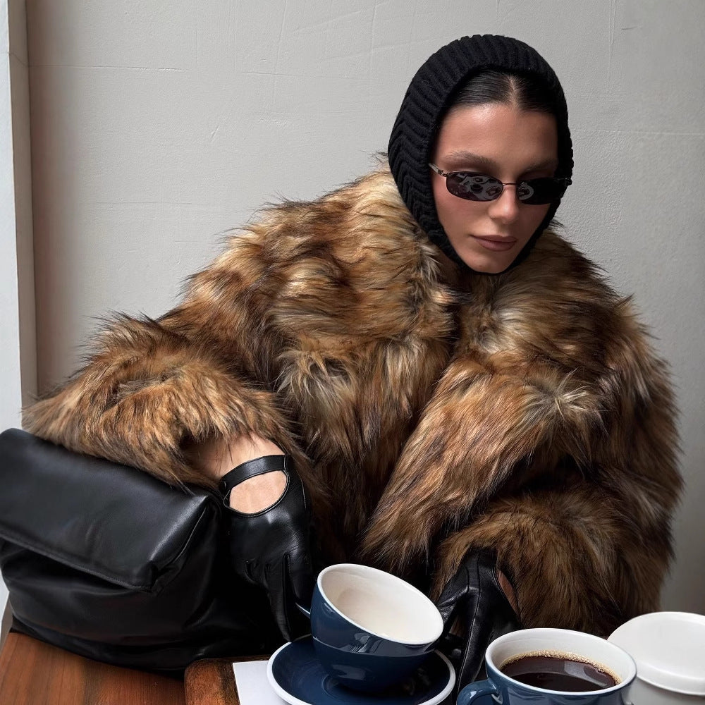 Women’s Autumn Winter Faux Fur Long Warm Wool Coat Brown Chenille