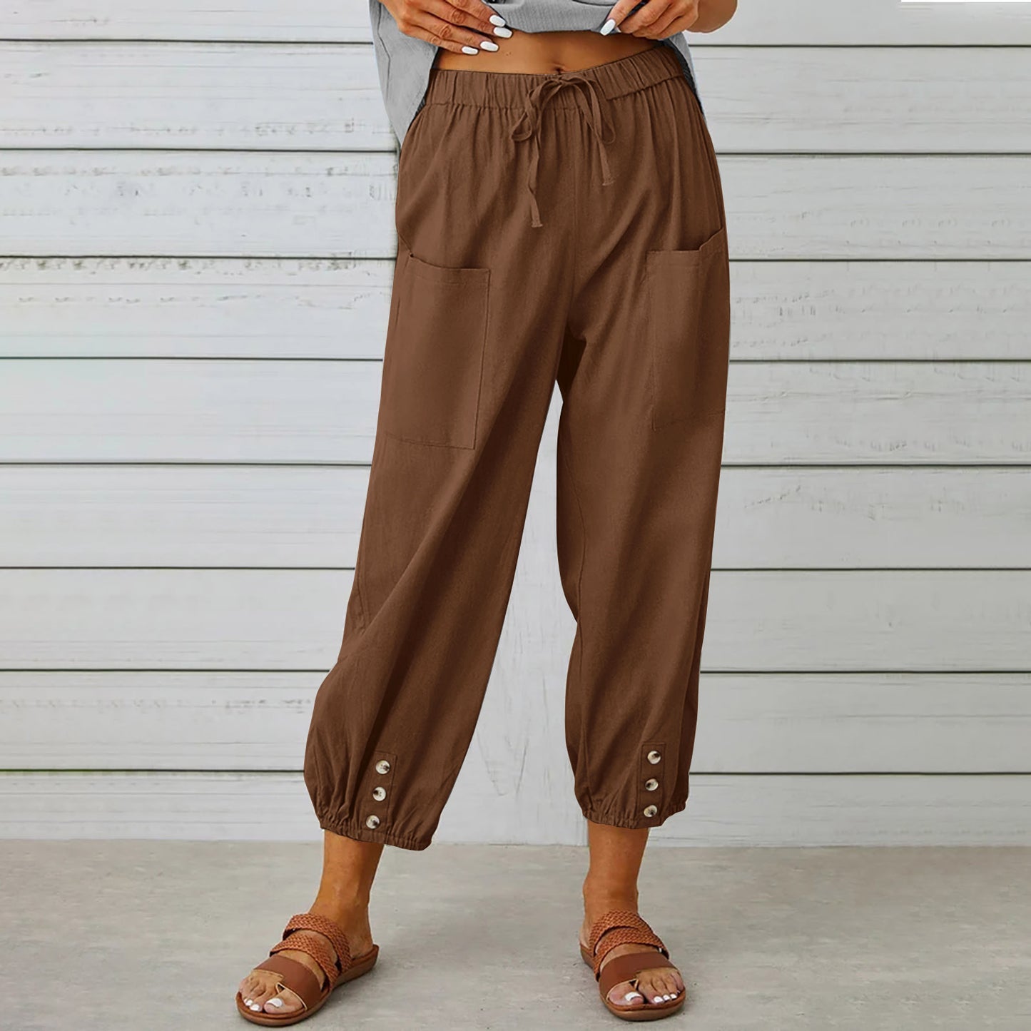 Women’s Cotton Linen Drawstring Pants With Pockets & Button - Spring Summer