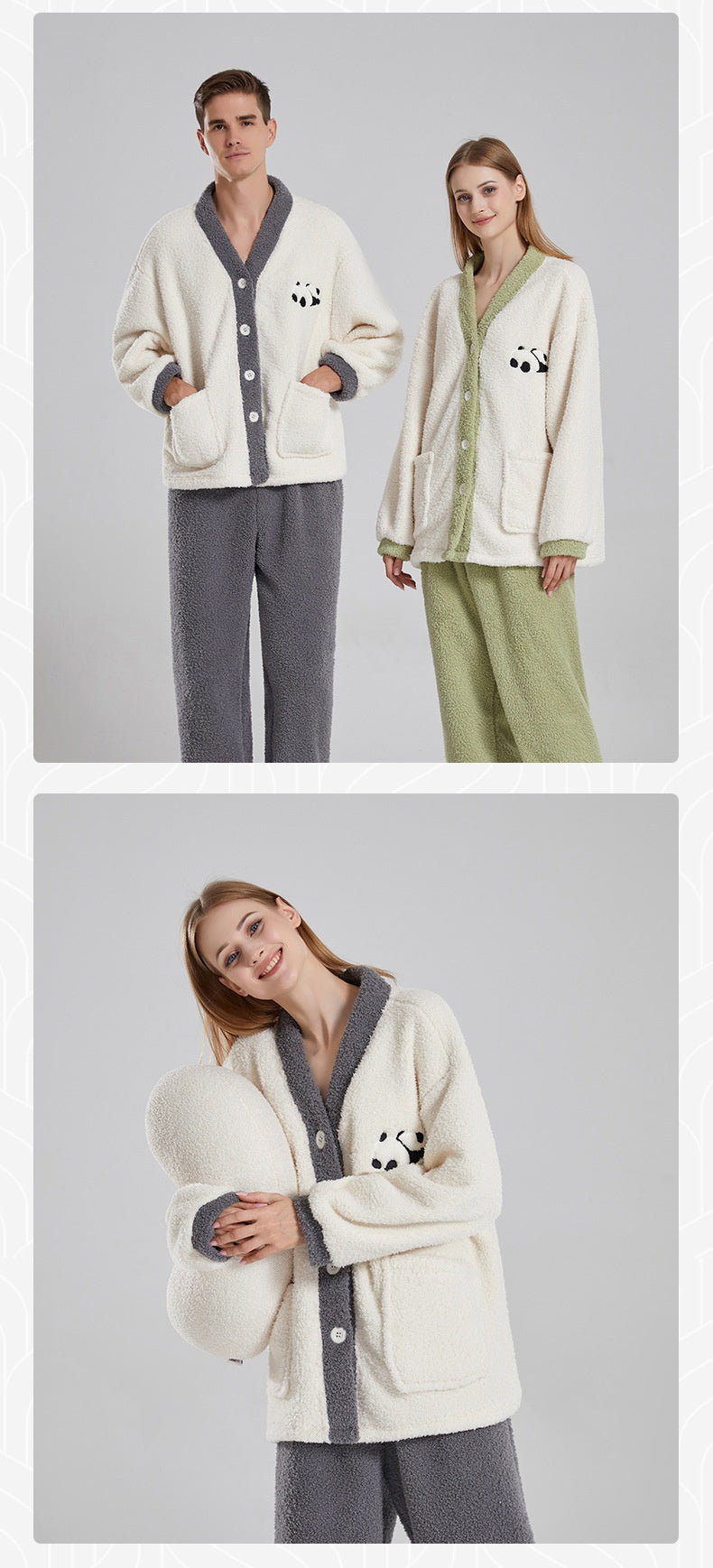 Winter Couple Pajamas Women Thickened Coral Fleece Half Velvet Cartoon Panda Suit