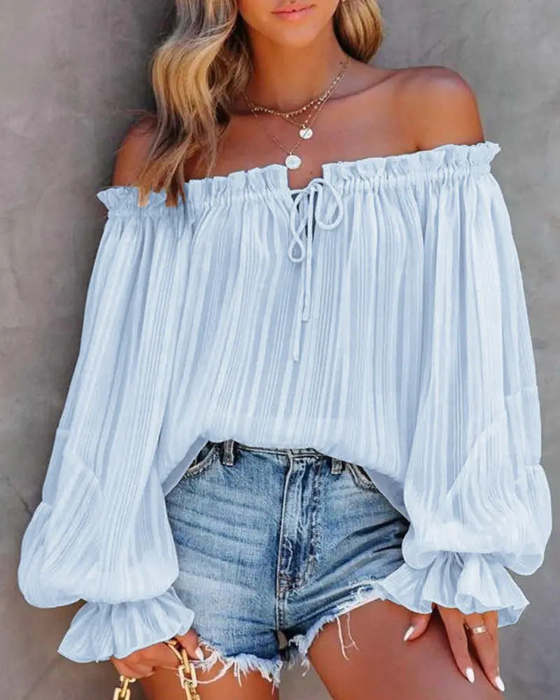 Off-Shoulder Elastic Pullover Top with Lantern Sleeves