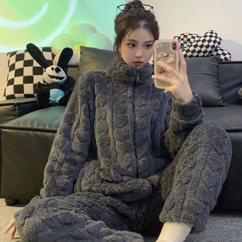 Women's Winter Woolen Flannel Pajamas with Cardigan and Stand Collar