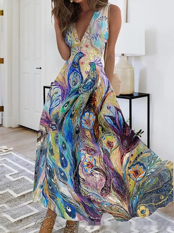 Spring Summer V-Neck Sleeveless Waist-Controlled A-Line Dress